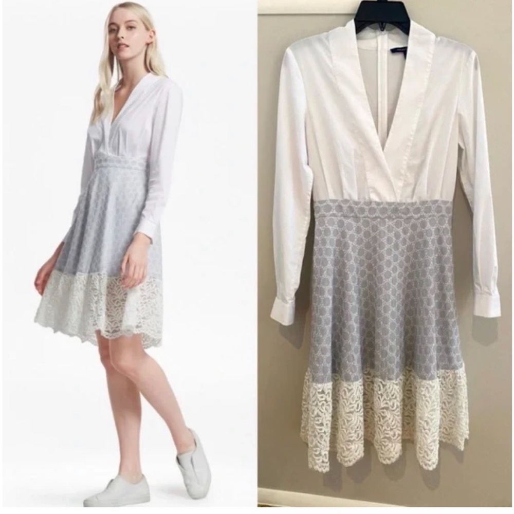 French Connection White Long Sleeve Shirt Blue Gray Lace Dress